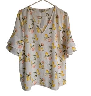 Loft Outlet Womens White Lemon Blouse 3/4 Flare Sleeve Large